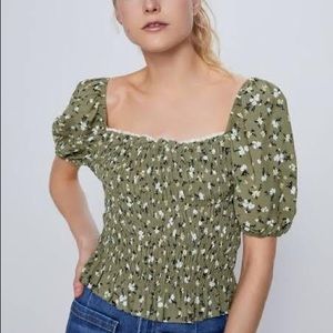 Zara Floral Smocked Puff Sleeve Blouse S